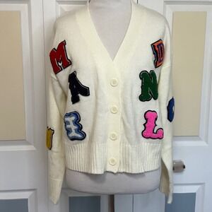 Runway Funky Letterman Cardigan Sweater XL Cream Cotton Acrylic Colorful Patches